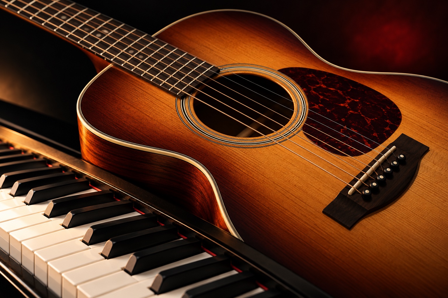 Illustrative close-up of an acoustic guitar and piano keys